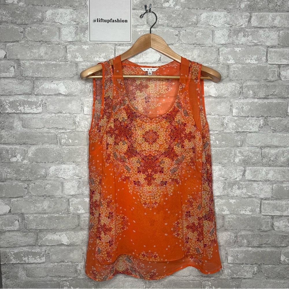 EUC CAbi Orange Floral Sleeveless Tank Top Blouse Size Large